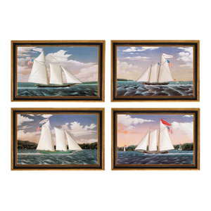 Set of 4 Framed Nautical Folk Art Prints of American Schooner Ships