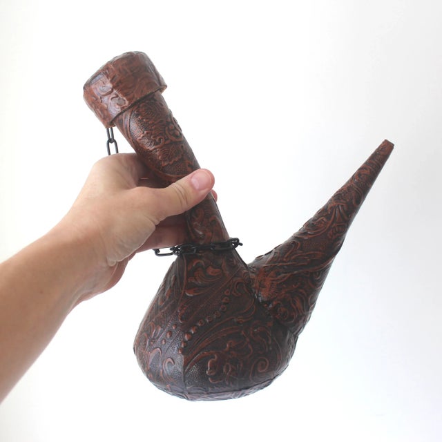 Spanish Vintage Spanish Tooled Leather Porron Wine or Liquor Decanter For Sale - Image 3 of 10