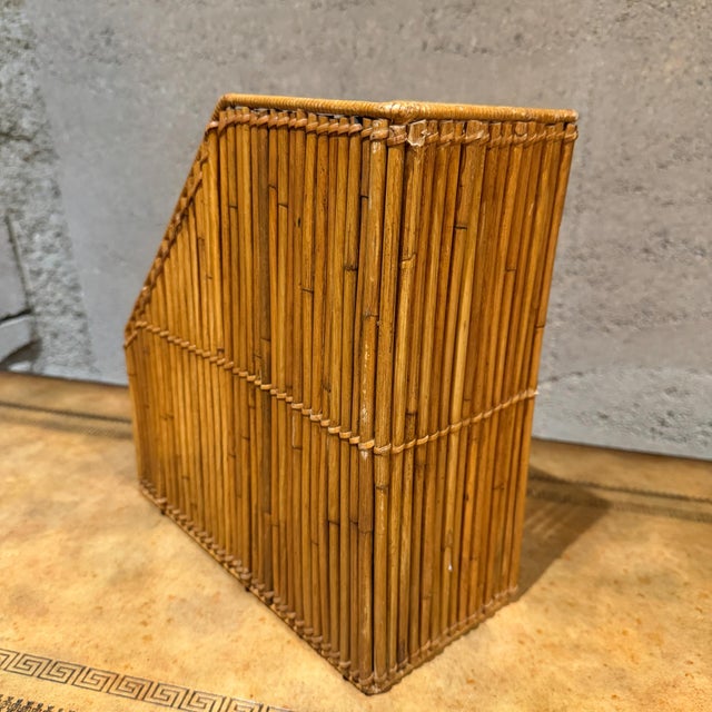 Tan Vintage-Burnt Bamboo Rattan Desk Organizer Magazine File Mid-Century For Sale - Image 8 of 11