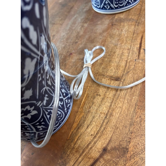 Ink Blue Contemporary Blue and White Ikat Pattern Ralph Lauren Over-Sized Jar Lamps With White Linen Shades, a Pair For Sale - Image 8 of 8