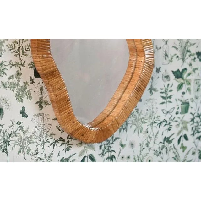 Mid-Century Modern Asymmetrical Mirror, Features Organic Rattan Cane Frame Mirror For Sale - Image 3 of 6