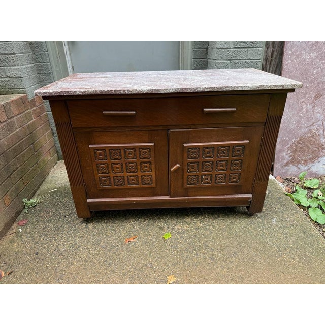 Antique French Art Deco Style Marble Top Oak Wood Cabinet Sideboard With Geometric Front. Solid wood frame, dovetail joint...
