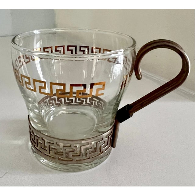 Transparent Glasses in Copper Holder with Greek Key Details - Set of 6 For Sale - Image 8 of 13