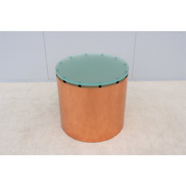 Mid-Century Modern Paul Mayen Style Frosted Glass Top and Copper Drum Side Table For Sale - Image 13 of 13