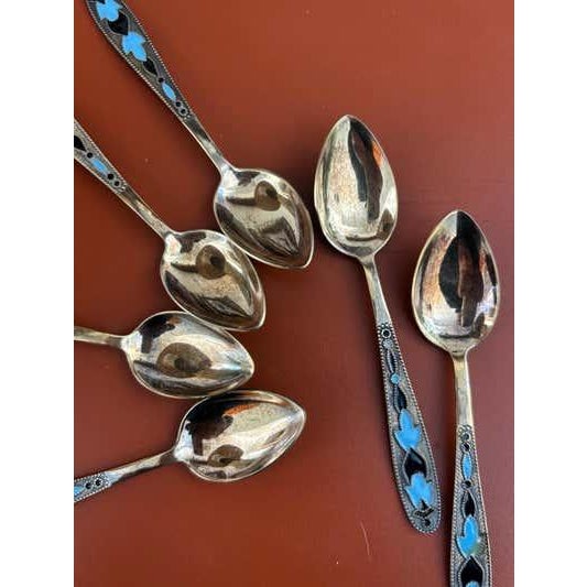 Mid 20th Century Art Deco Silver Cloisonne' Enamel Dematasse Spoons - Set of 6 For Sale - Image 9 of 9
