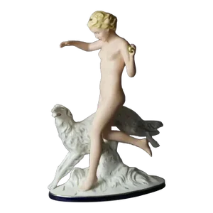 Early 20th Century Antique Royal Dux Art Deco Porcelain Sculpture Statue of Woman and Dog