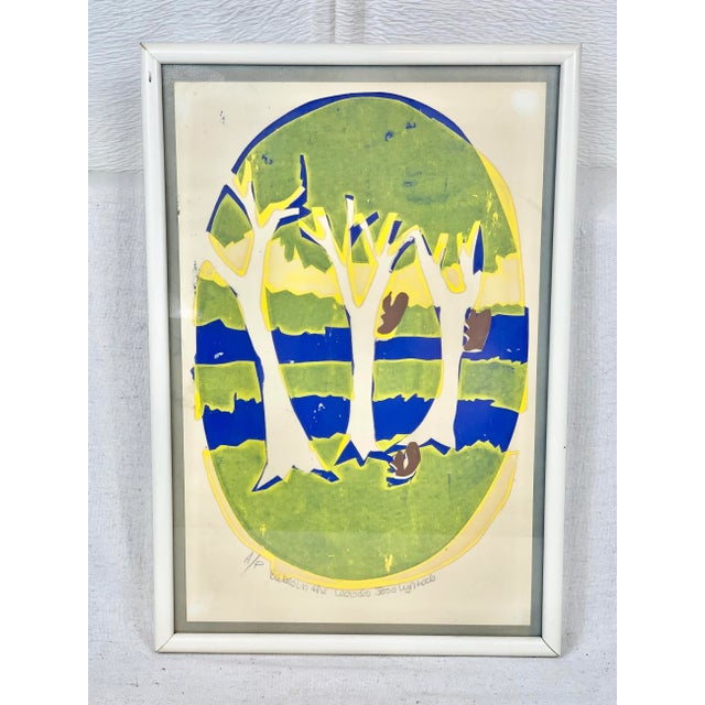 Vintage print. An artists proof. Titled “Babes in the Woods”. A linocut. Colorful and fun. Perfect to add a pop of color...