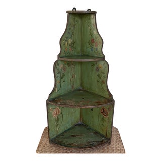 19th Century European Hand Painted Green Wooden Corner Wall Shelf With Floral Motifs For Sale