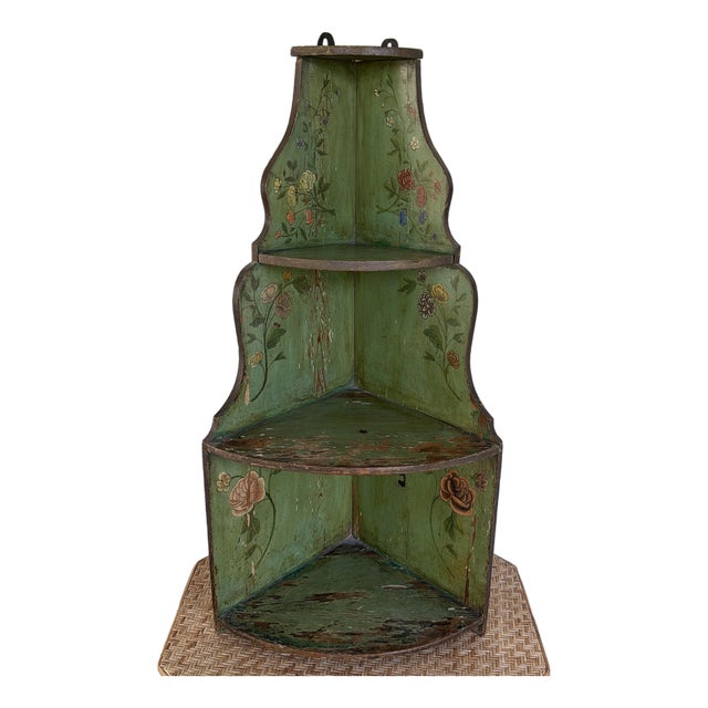 19th Century European Hand Painted Green Wooden Corner Wall Shelf With Floral Motifs For Sale