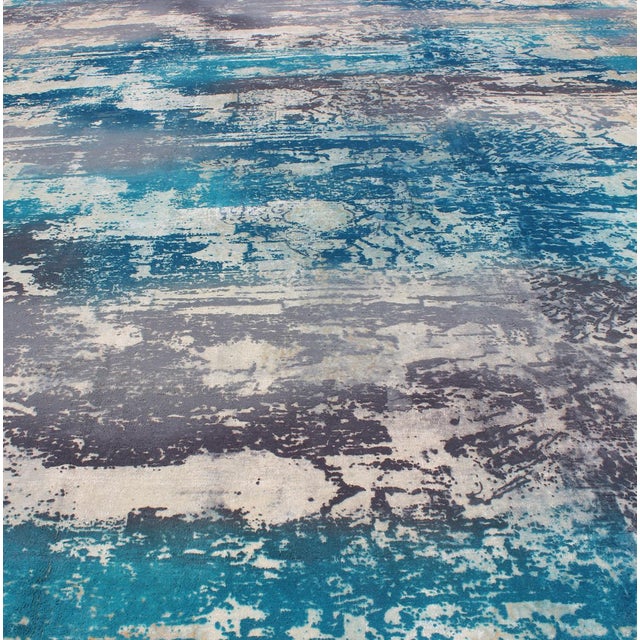 Mid 20th Century Vintage Rug in Modern Design in Shades of Blue, Gray, and Ivory 9'8 X 14'2 For Sale - Image 5 of 13