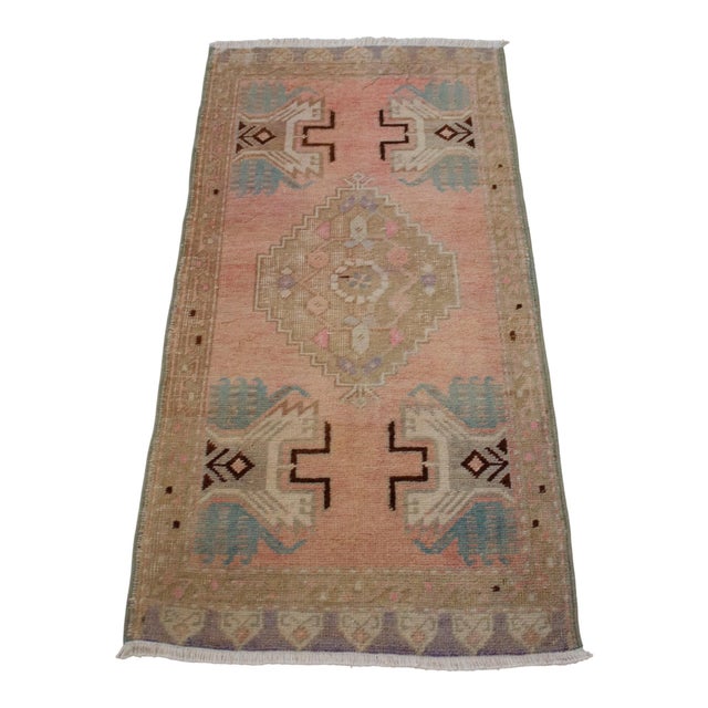 1970s Distressed Low Pile Turkish Yastik Petite Rug Faded Mat - 18'' X 37'' For Sale - Image 5 of 13