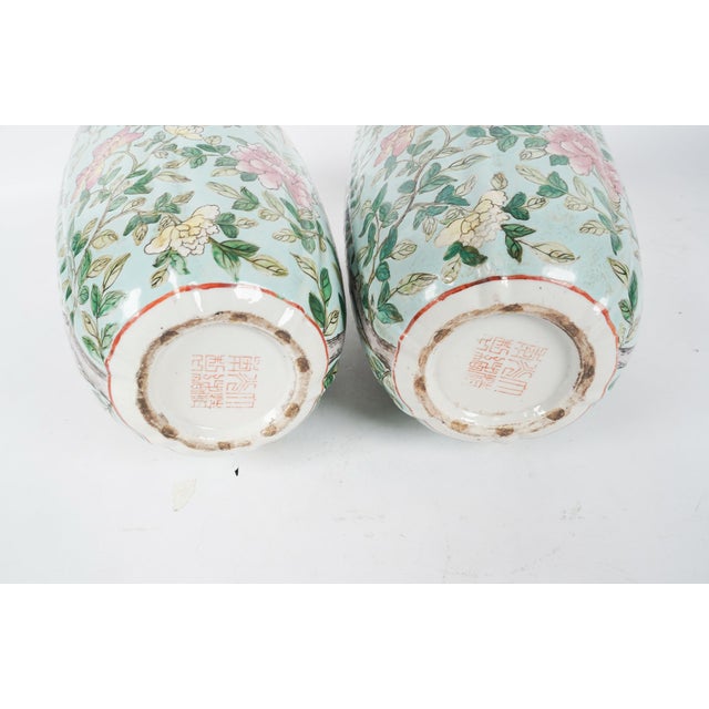 Ceramic Striking Celadon Ground Chinese Porcelain Vases With Wisteria, Songbird & Seal Marks – 20th Century Chinoiserie Pair For Sale - Image 7 of 7
