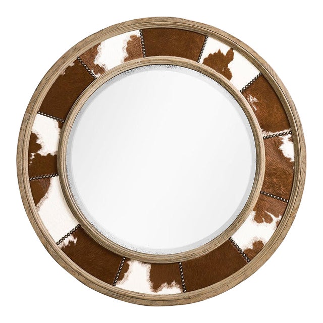 Rustic Cowhide Inlay Round Wall Mirror For Sale