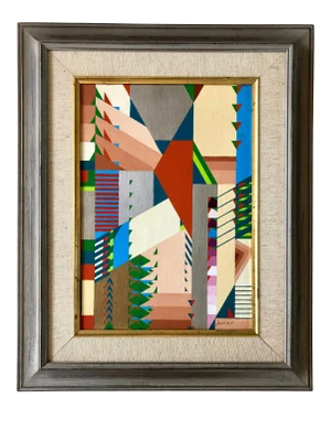 1962 “Allocation I” Abstract Geometric Oil Painting on Canvas Board by Jack Justice, Framed