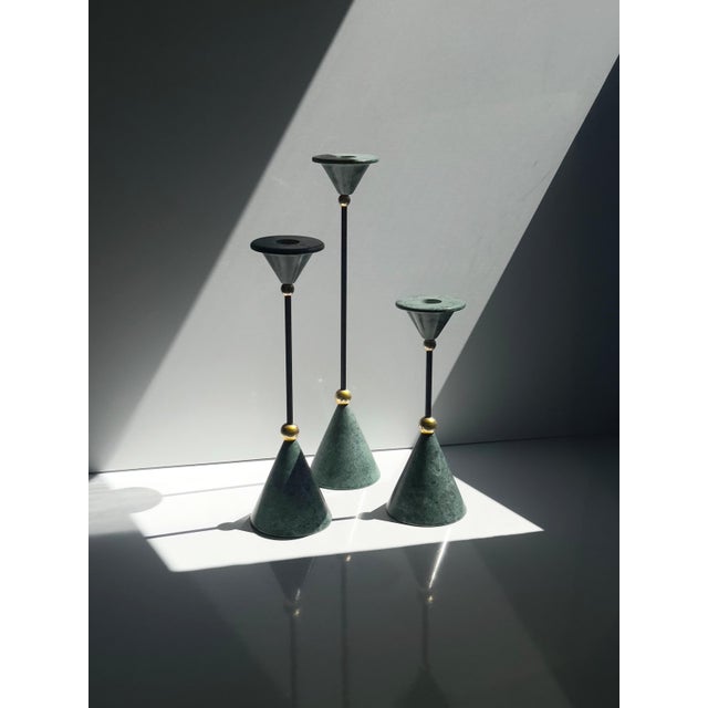 Postmodern Marble and Brass Candlesticks attributed to Christian De Beaumont, 1980s, Set of 3 For Sale - Image 6 of 6