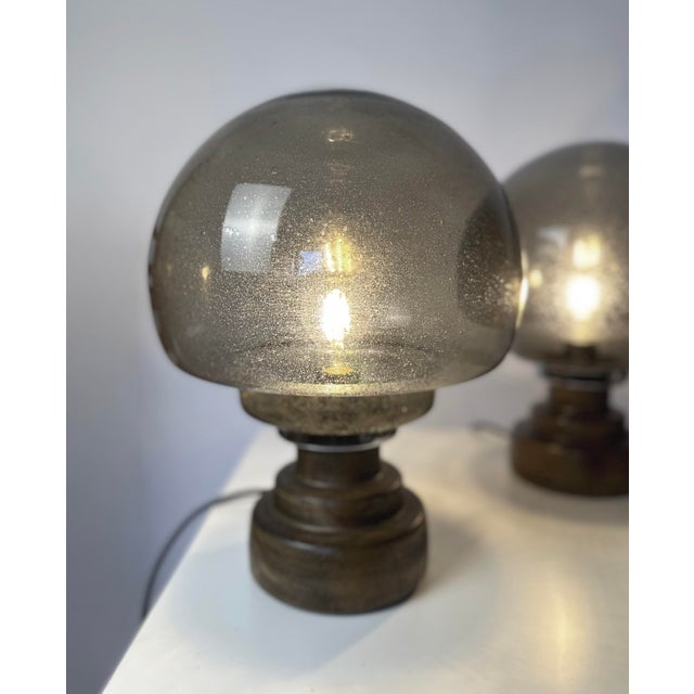 Elegant pair of vintage Italian table lamps featuring glass shades in smoked seeded glass on a solid wooden base. The...
