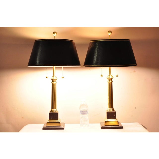 Vintage French Empire Style Italian Black Marble & Polished Brass Column Table Lamps With Black Textured Shades - a Pair....