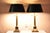 Vintage French Empire Style Italian Black Marble & Polished Brass Column Table Lamps With Black Textured Shades - a Pair....