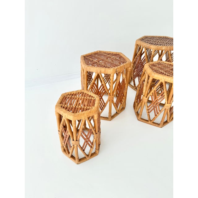 Mid-Century Modern Hexagonal Rattan Stools in Geometric, Woven Lattice Design, 1970s, Set of 4 For Sale - Image 3 of 12
