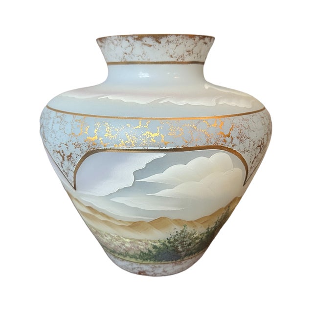 French Vintage Fenton "After the Rain" Hand Painted French Opalescent Satin Glass Vase For Sale - Image 3 of 10