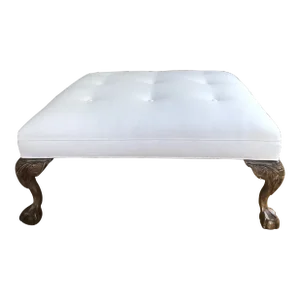 1980s Thomasville Tufted Cocktail Ottoman. Distressed Claw Foot Wooden Legs
