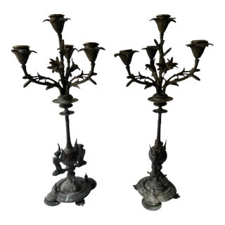 Antique Solid Bronze Four Arm Candelabras- Winged Lions and Flowers- a Pair For Sale