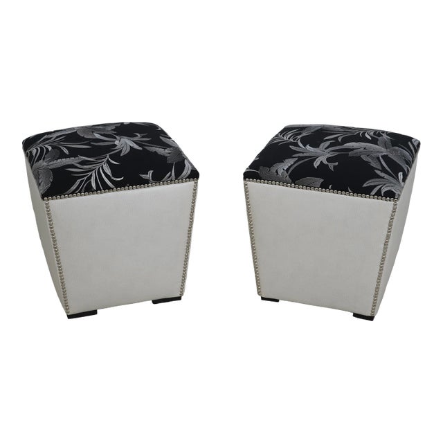 Pair Square Custom Upholstered Ottoman Stools For Sale
