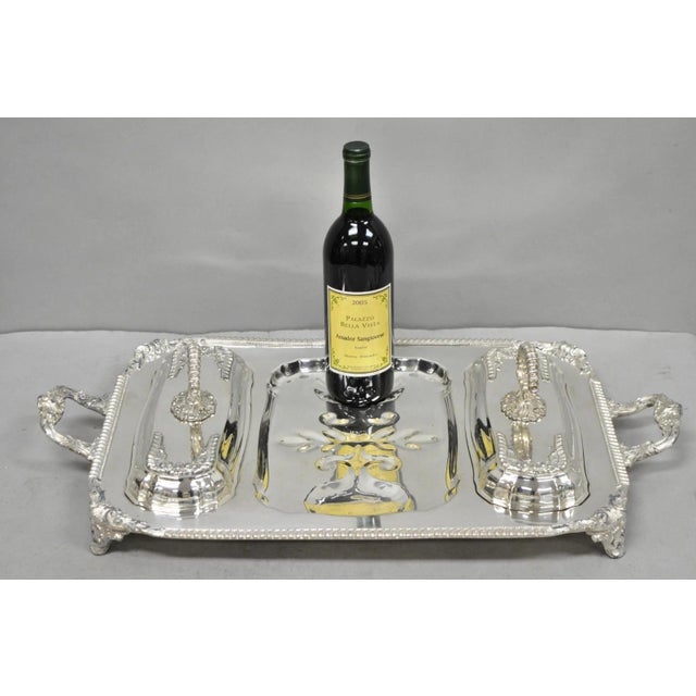Vintage Victorian Silver Plated Meat Serving Platter Tray w/ Double Covered Dishes Raised on Feet. Circa Mid 20th Century....