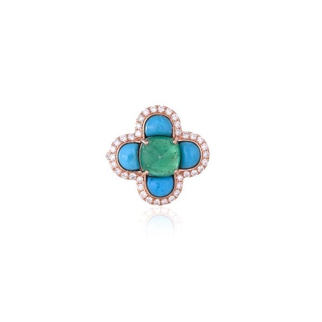 Set in 18k Gold, Art Deco Emerald Sugarloaf, Turquoise & Diamond Engagement Ring, Us Size 6 For Sale - Image 6 of 16
