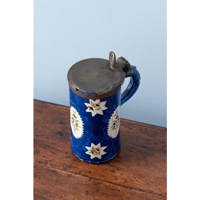 Stone Antique Blue Floral Pewter-Mounted Beer Stein from Brussels Faience, 1800s For Sale - Image 7 of 12