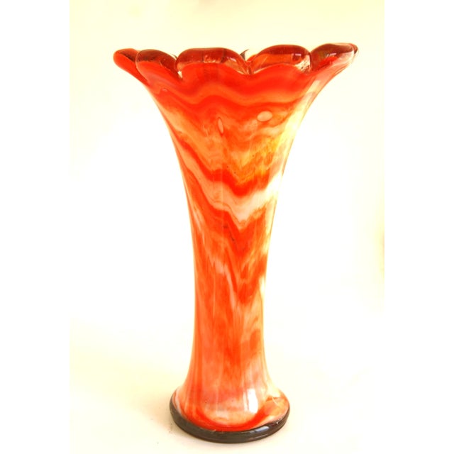Add a touch of vintage-inspired elegance to your décor with this Orange and White Swirled Murano Style Swung Vase....