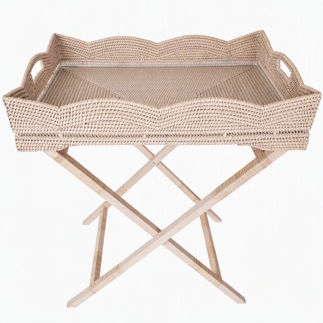 Wood Artifacts Rattan Scallop Design Butler Tray with Wooden Legs, White Wash For Sale - Image 7 of 7
