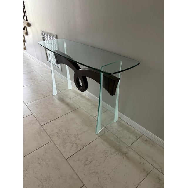 Modern Glass With Floating Wood Centre Hallway/ Entry Table For Sale - Image 3 of 7