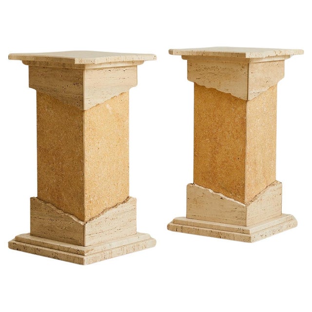 An Italian travertine pedestal from the 1970s, its monolithic form marked by intentional raw edges that reveal the stone’s...