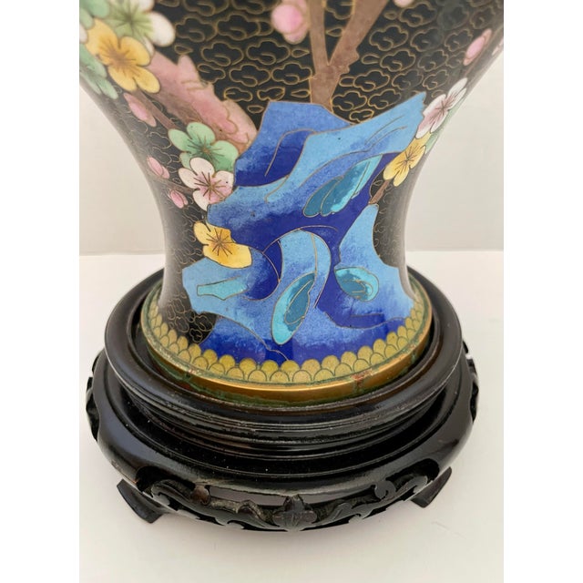 Vintage Chinese Cloisonné Enamel Vase With Cherry Blossoms, Bird & Butterfly For Sale - Image 4 of 12