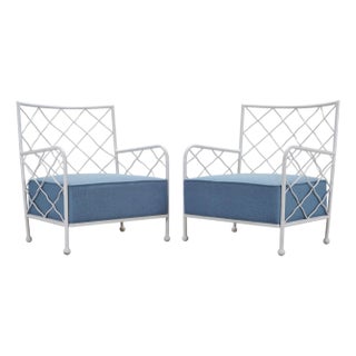 Pair of French Iron Croisillon Lounge Chairs After Jean Royere For Sale
