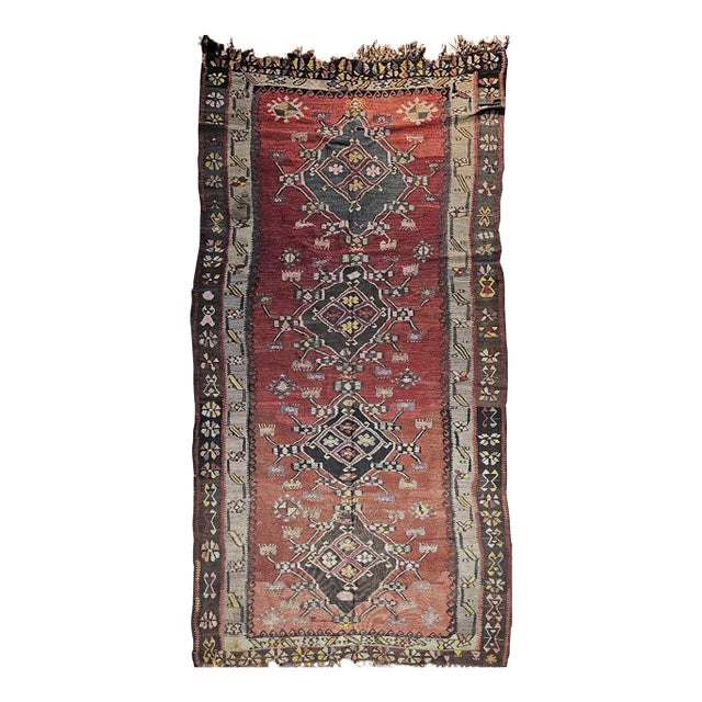 Vintage Turkish Tribal Kilim, Flat-Woven Medallion Pattern, Burgundy & Ivory, 5’ X 11’ For Sale