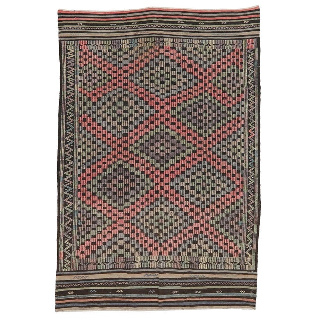 Textile Mid 20th Century Vintage Decorative Embroidered Kilim Rug For Sale - Image 7 of 7