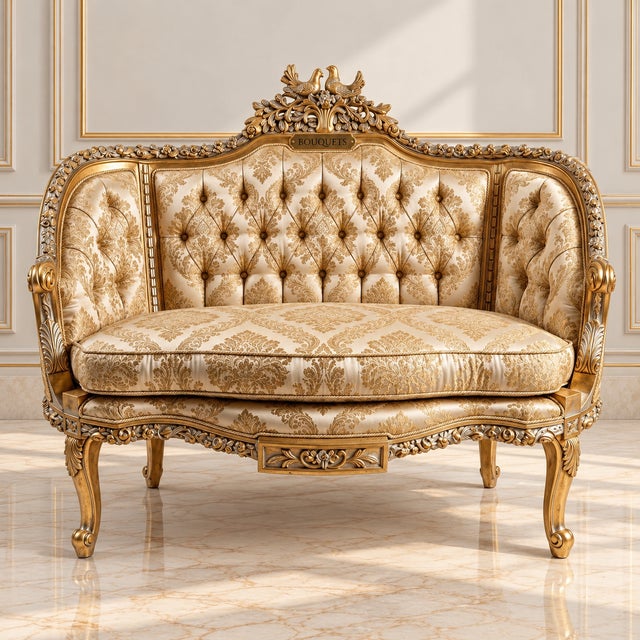 Add a refined European statement to your interior with this ornate French-style tufted sofa, featuring luxurious cream and...