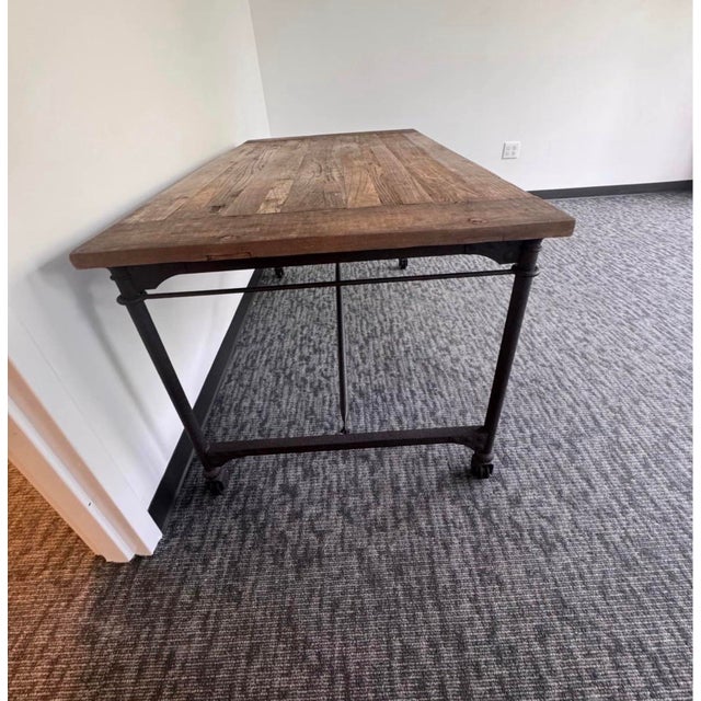 English Vintage Solid Elm Wood and Cast-Iron Table From Retired Restoration Hardware Collection For Sale - Image 3 of 4