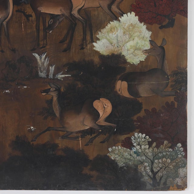 Wood Vintage Woodland Deer Scene Painting on Wood Block Panel For Sale - Image 7 of 12