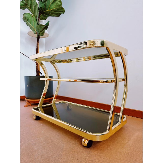Metal Bar Cart by Morex Italy 3 Tiers + Smoked Glass Vintage 1970s For Sale - Image 7 of 13