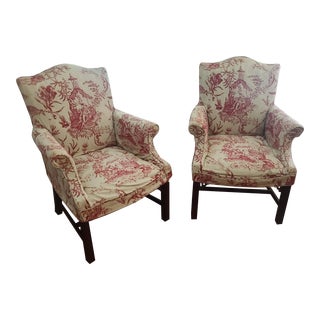 Mid 20th Century Pair of Mahogany Chinese Chippendale Style Armchairs With Red Toile Fabric Covers Fretwork For Sale