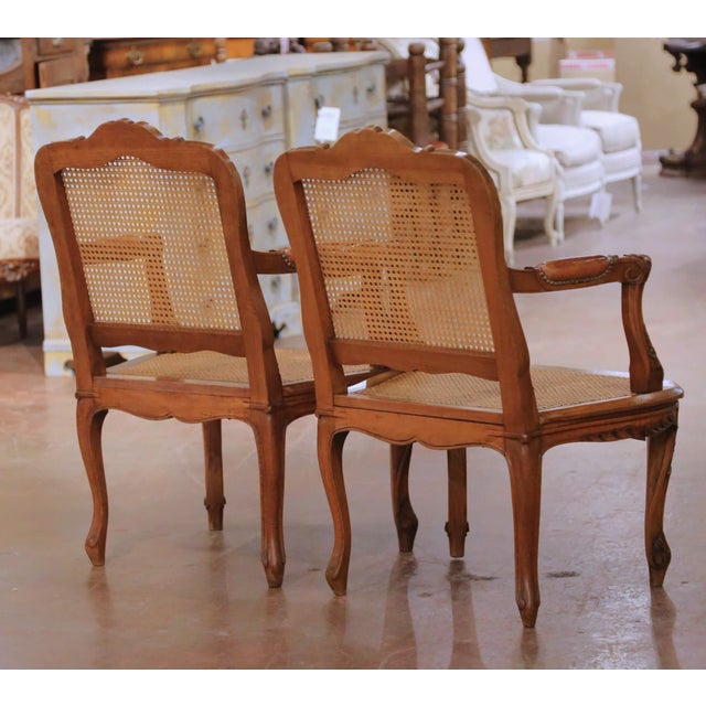 Pair Mid-Century French Louis XV Style Walnut Caned and Leather Desk Armchairs For Sale - Image 12 of 13