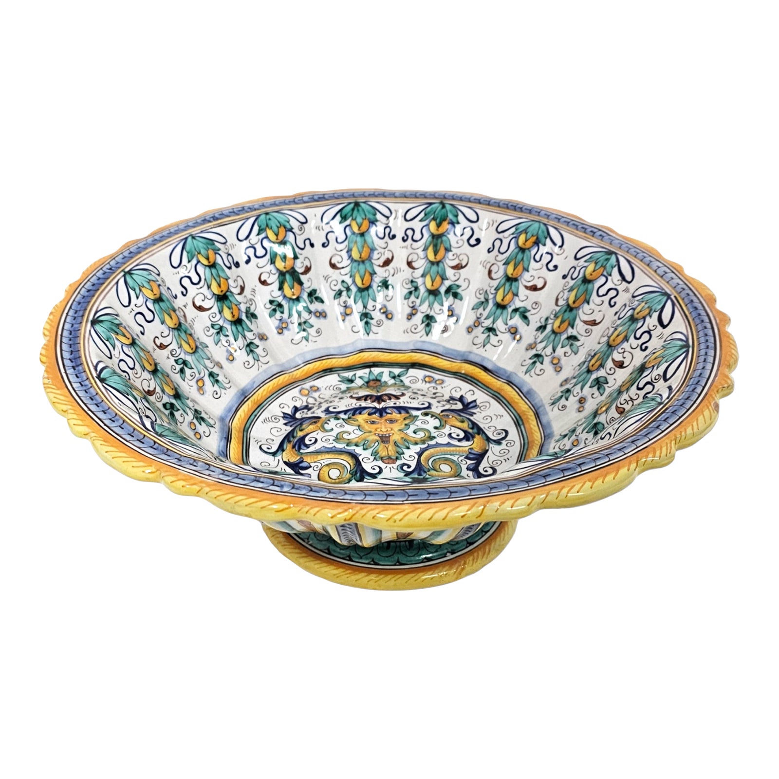 Italian Hand Painted Footed Ceramic Bowl Floral Design | Chairish
