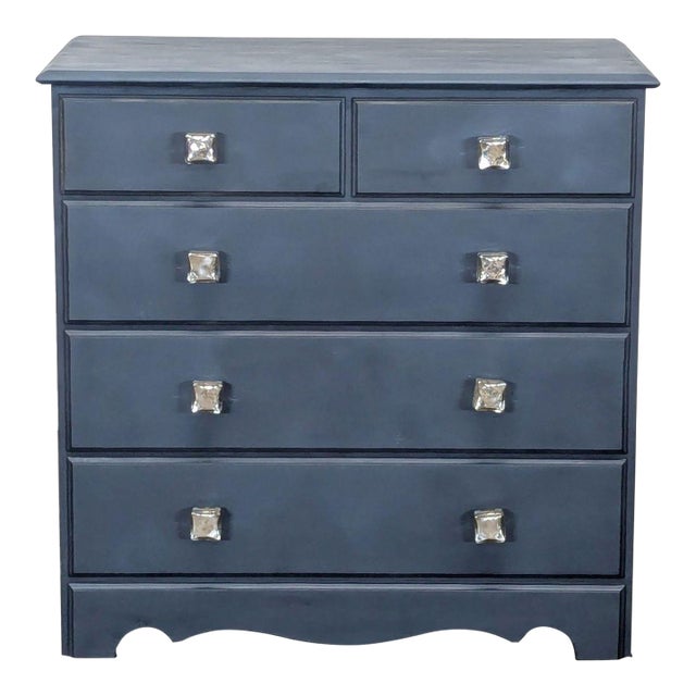 Classic Navy Blue 5-Drawer Dresser With Crystal Knobs For Sale