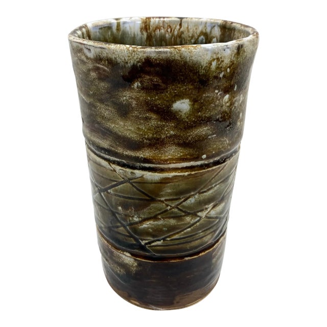 Mid Century Beaker Form Glazed Ceramic Vase For Sale