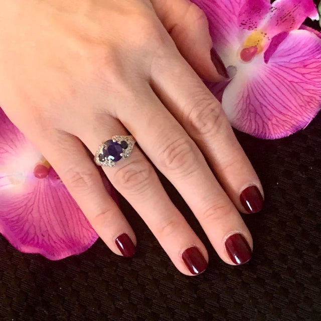 Diamond Sapphire Ring 14k White Gold 3.31 TCW Women Certified For Sale In New York - Image 6 of 9