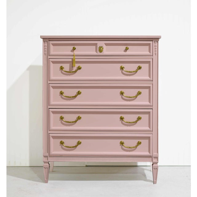 Mid Century Transitional Highboy Dresser in Pink- Newly Painted For Sale - Image 4 of 11