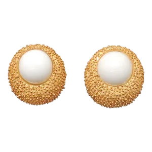 Vintage Signed Crown Trifari Goldtone Round Textured White Cabochon Earrings - 2 Pieces